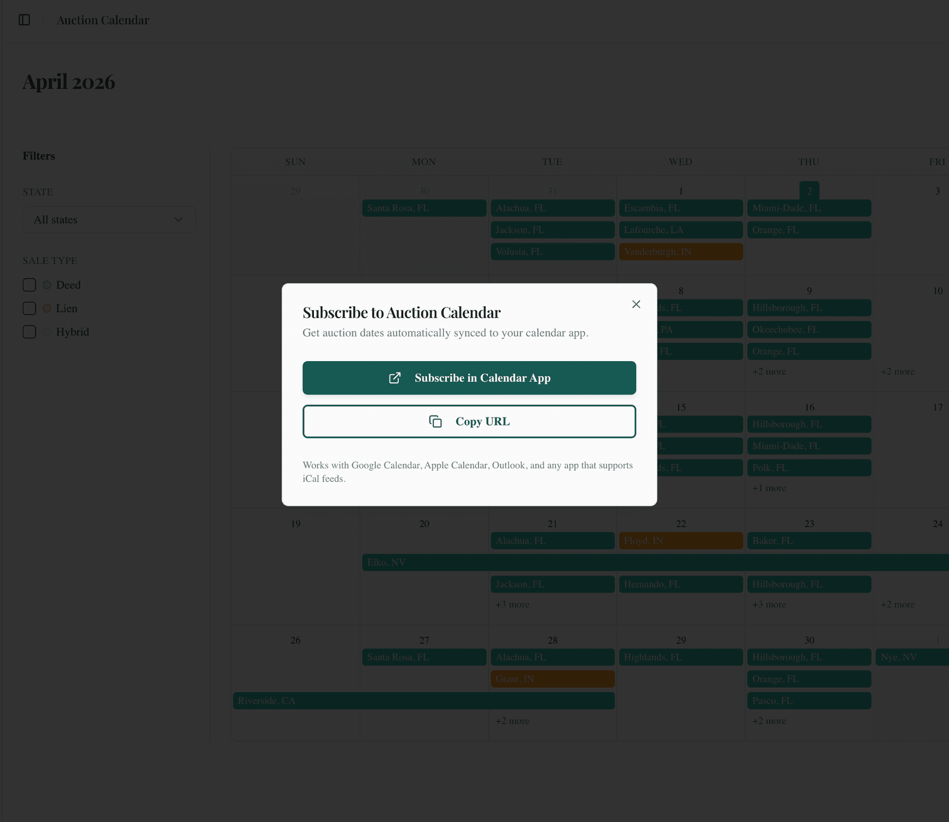 iCal subscription modal for syncing auction dates to calendar apps